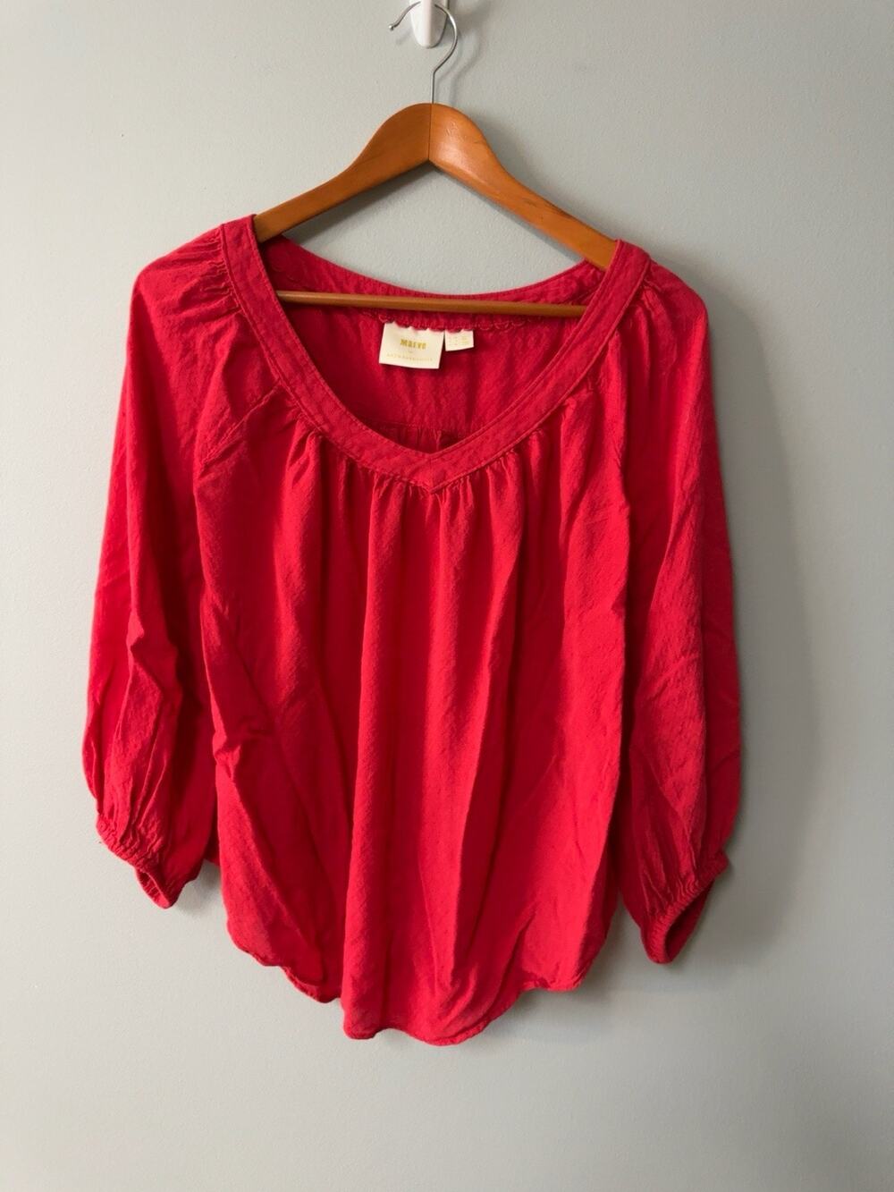 Anthropologie Maeve Women’s Red Peasant Blouse Size 6 Boho 3/4 Sleeve V Neck Top
